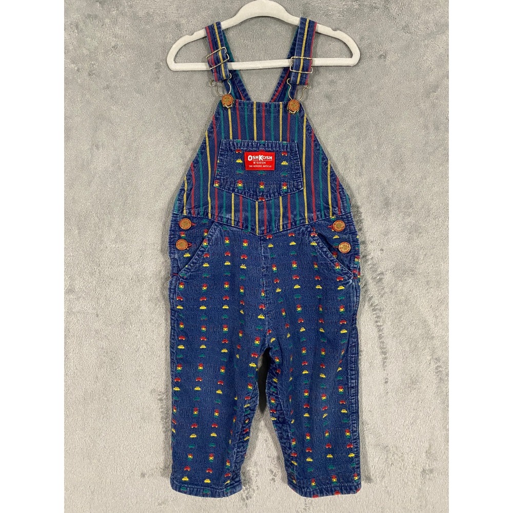 OshKosh B'gosh Overalls Kids 24M Blue Car Embroidered 90s Vintage Made USA
